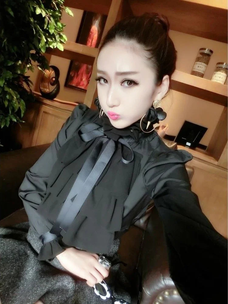 Elegant Women's Summer Blouse | Casual Ruffle Bow Long Sleeve Top White Shirt