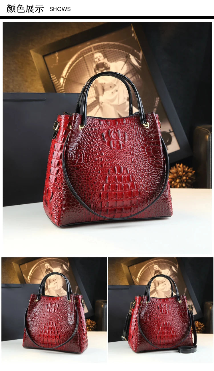 Genuine Leather Crocodile Print Bucket Bag
