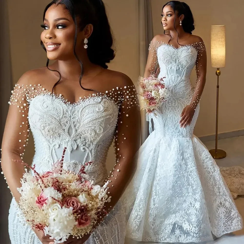 Mermaid Wedding Dress | Long Sleeve Beaded Lace Phantom Neck Bridal Gown
