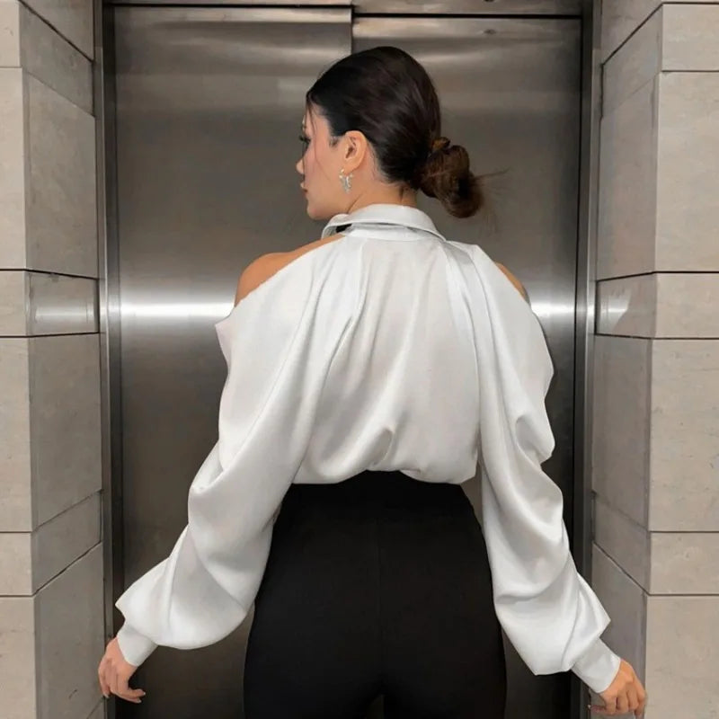Elegant Off Shoulder Blouse With Tie For Women Y2K Office Lady Long Lantern Sve Button Down Shirt Loose Top