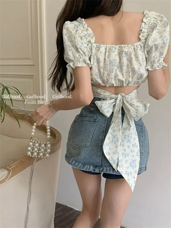 Floral Puff Sve Square Collar Crop Blouse