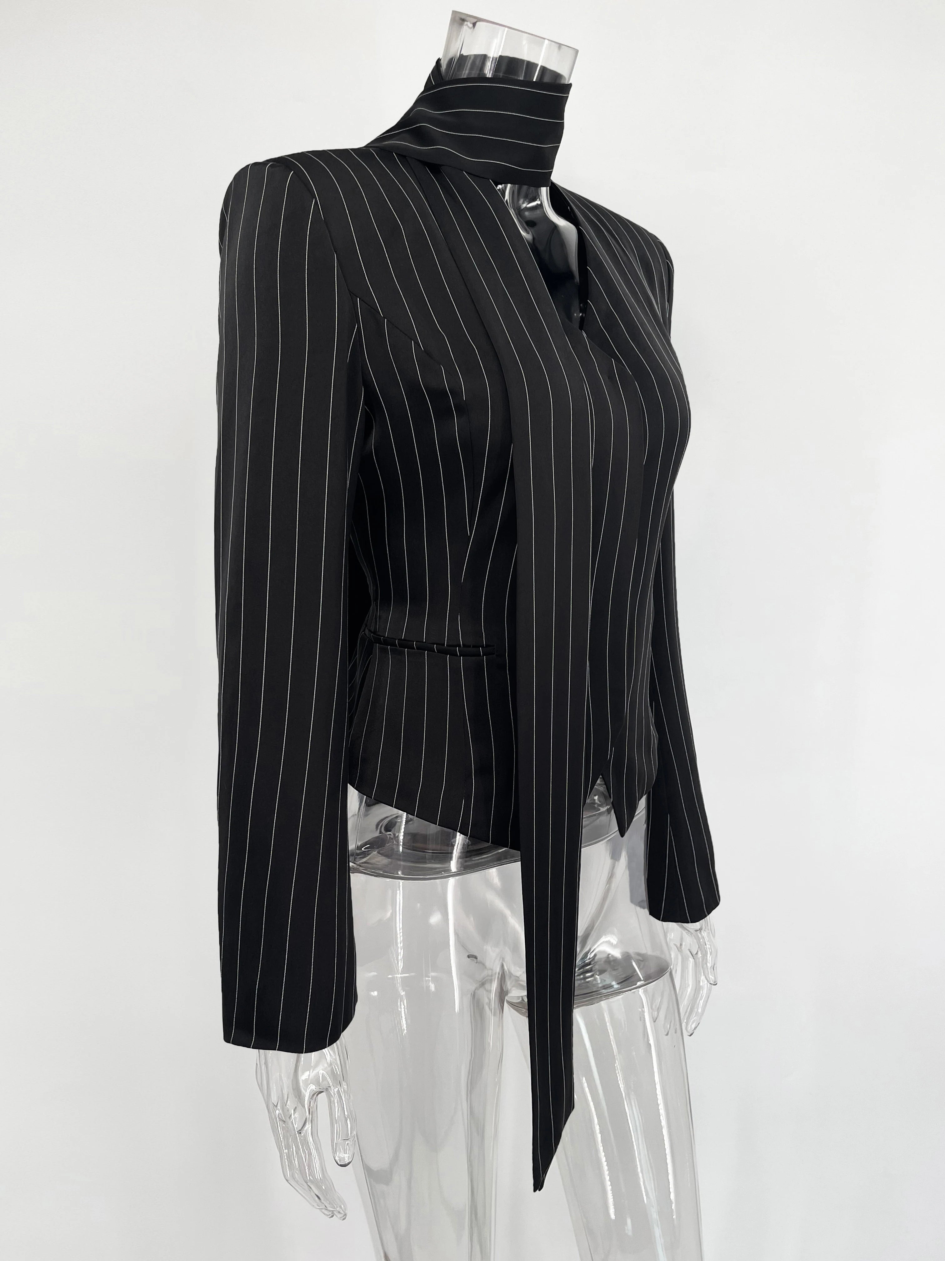 Women Short Dress Set Fashion Striped V-Neck Luxury Ribbon Blazer Skirt