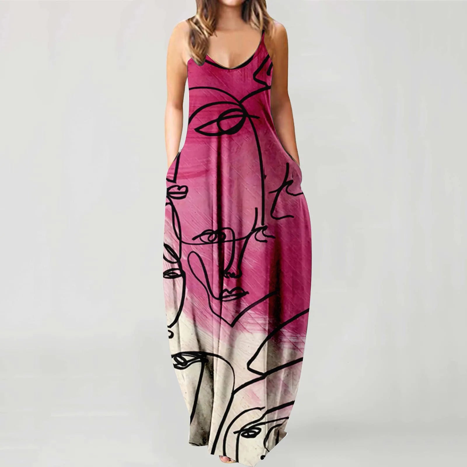 Women's Summer Strapless Long Dress With Abstract Face Digital Print