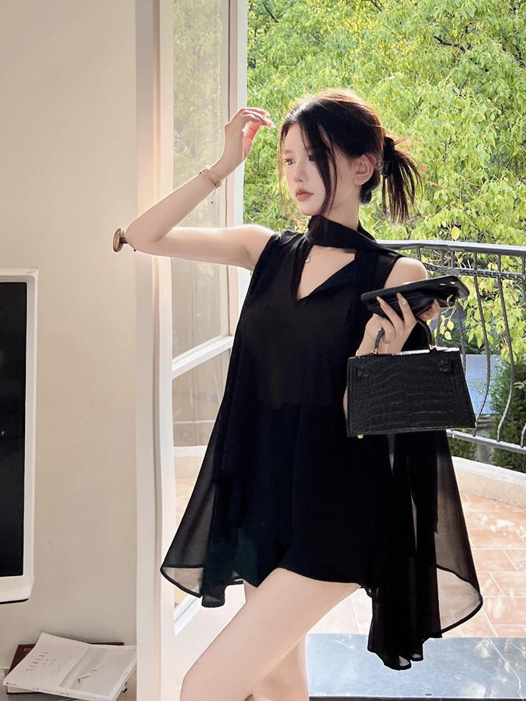 Black V-Neck Chiffon Blouse