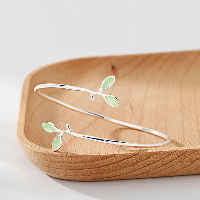 Silver-Tone Opal Leaf & Branch Cuff Bangle | Nature-Inspired Bracelet for Women