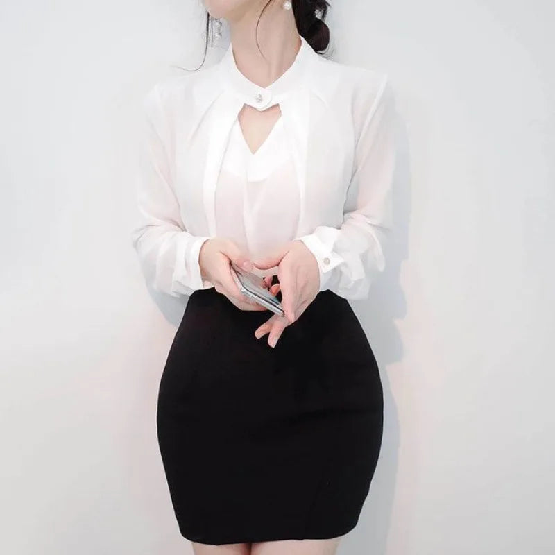 Solid Blouses Women Chiffon Shirts Long Sve flattering Hollow chic All-match Basic Spring Summer Tops Thin Chic Elegant Female Ins