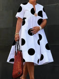 Women Midi Shirts Dress  Short Sleeves Black and White Polka Dot Daily Casual Simple Female A-line Dresses