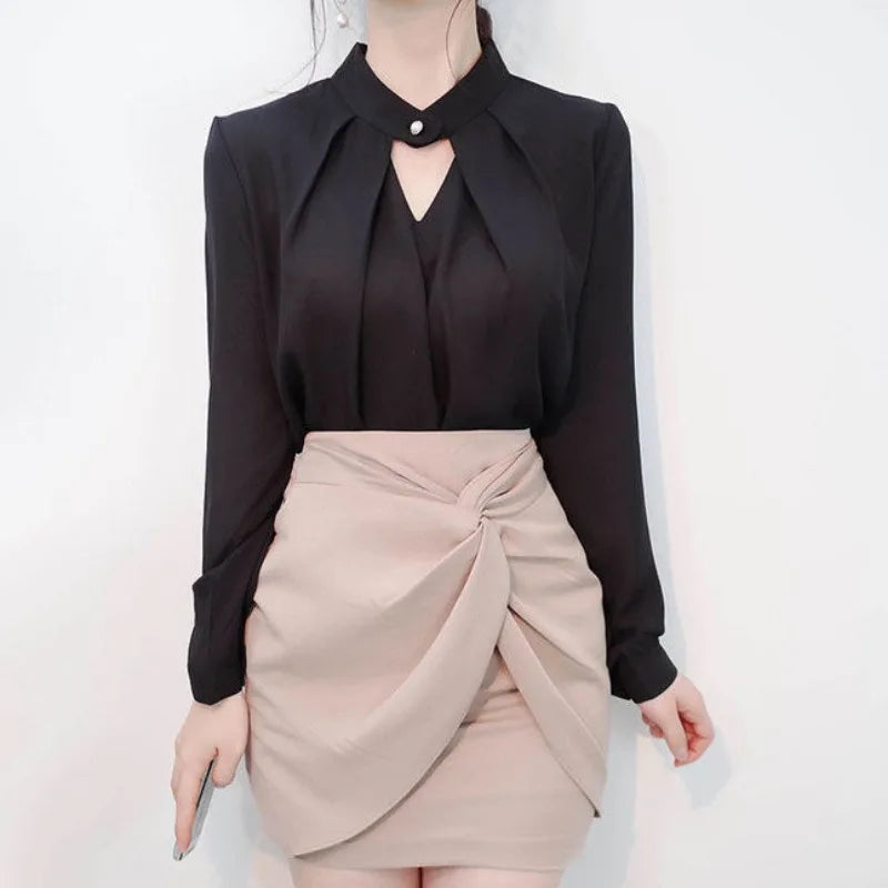 Solid Blouses Women Chiffon Shirts Long Sve flattering Hollow chic All-match Basic Spring Summer Tops Thin Chic Elegant Female Ins
