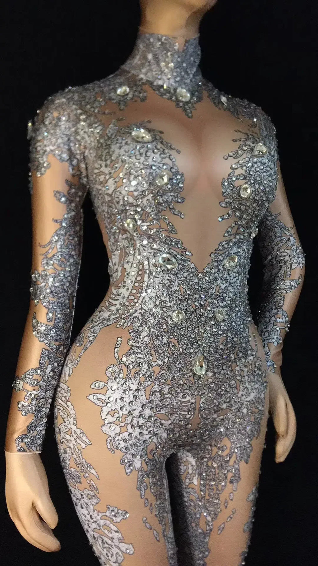 Silver Beading High Elasticity Women Jumpsuit Performance Party Celebrate Luxurious Shining Stage Drag Queen Costumes Pole Dance
