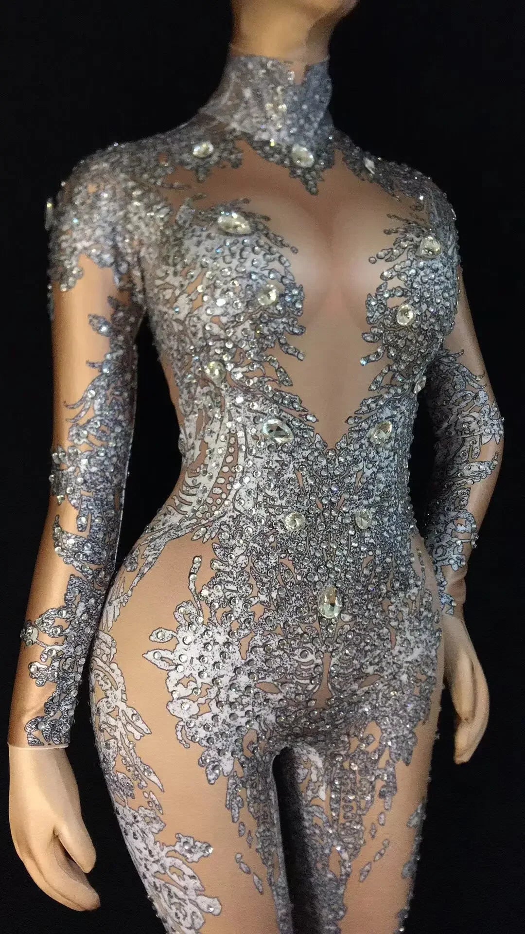 Silver Beading High Elasticity Women Jumpsuit Performance Party Celebrate Luxurious Shining Stage Drag Queen Costumes Pole Dance