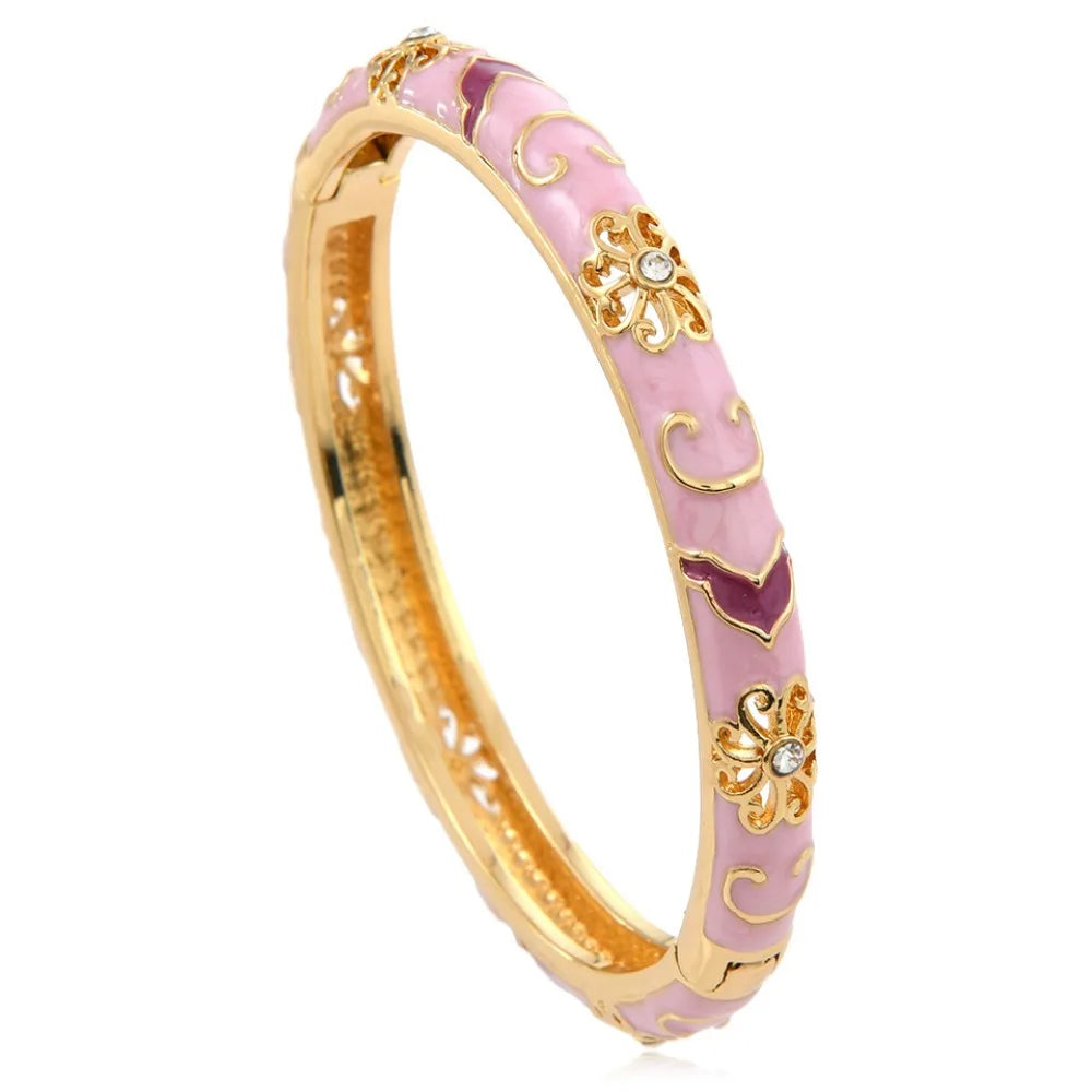 Ethnic Enamel Flower Cuff Bracelet | Gold Tone Stainless Steel Bangle for Women