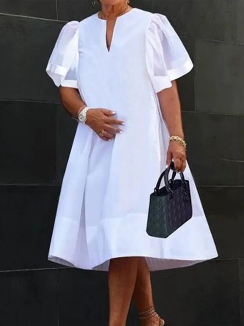Women Midi Shirts Dress Short Sleeves Black and White Polka Dot Daily Casual Simple Female A - line Dresses - Nitamoje