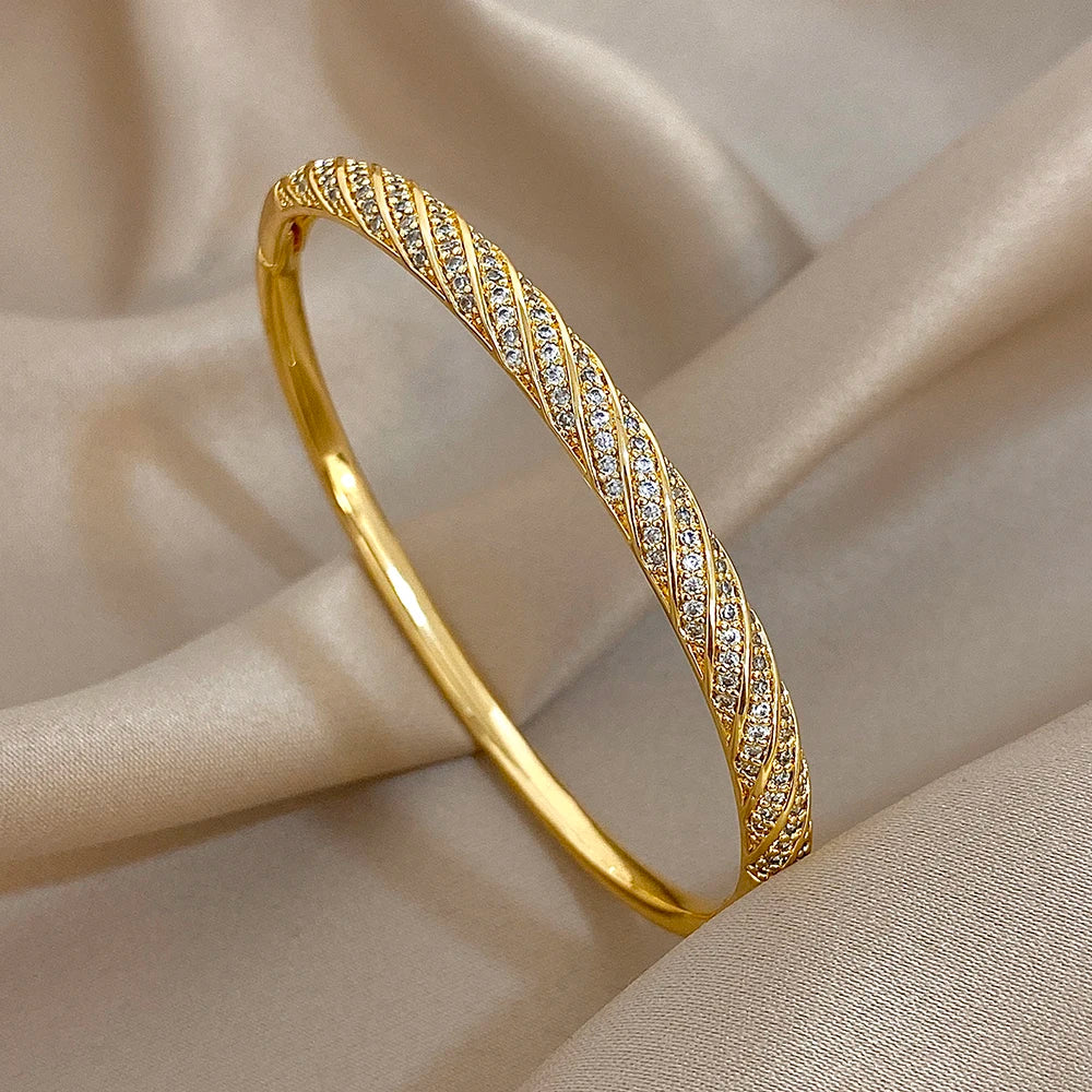 Twisted Micro Zircon Cuff Bracelet | Gold Plated Stacked Bangle for Women