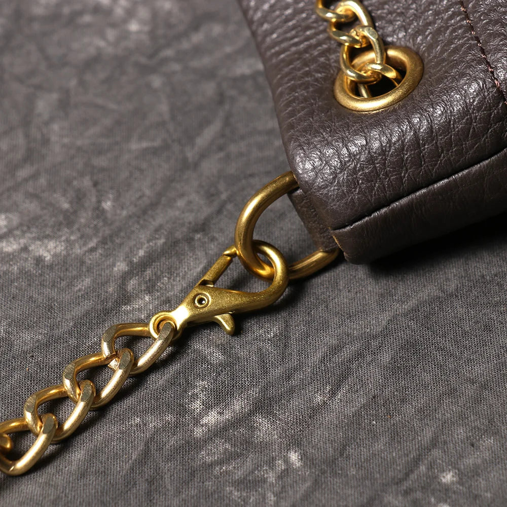 Metal Drawstring Genuine Leather Chain Bucket Bag