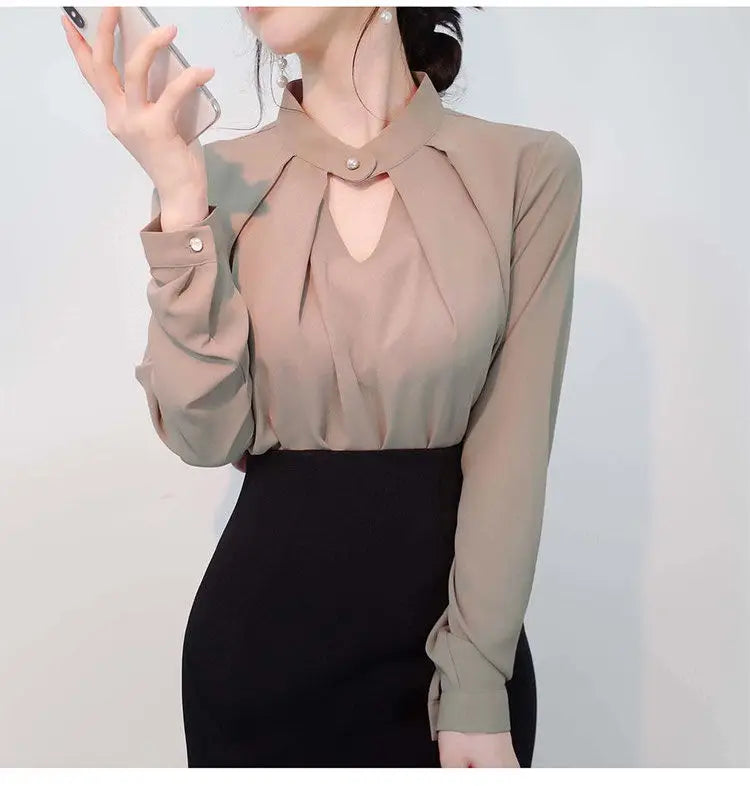 Solid Blouses Women Chiffon Shirts Long Sve flattering Hollow chic All-match Basic Spring Summer Tops Thin Chic Elegant Female Ins