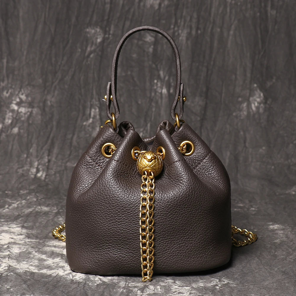 Metal Drawstring Genuine Leather Chain Bucket Bag