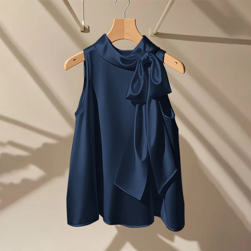 Elegant Bow Tie Blouse | Satin Sleeveless Solid Color Half High Collar Casual Fashion Shirt