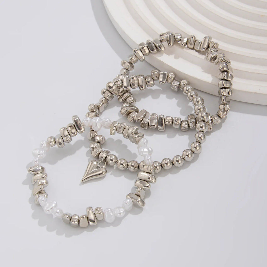 Retro Pearl Bead Bracelet | Multi-Layer Heart Pendant Elastic Bracelet for Women