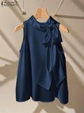 Elegant Bow Tie Blouse | Satin Sleeveless Solid Color Half High Collar Casual Fashion Shirt