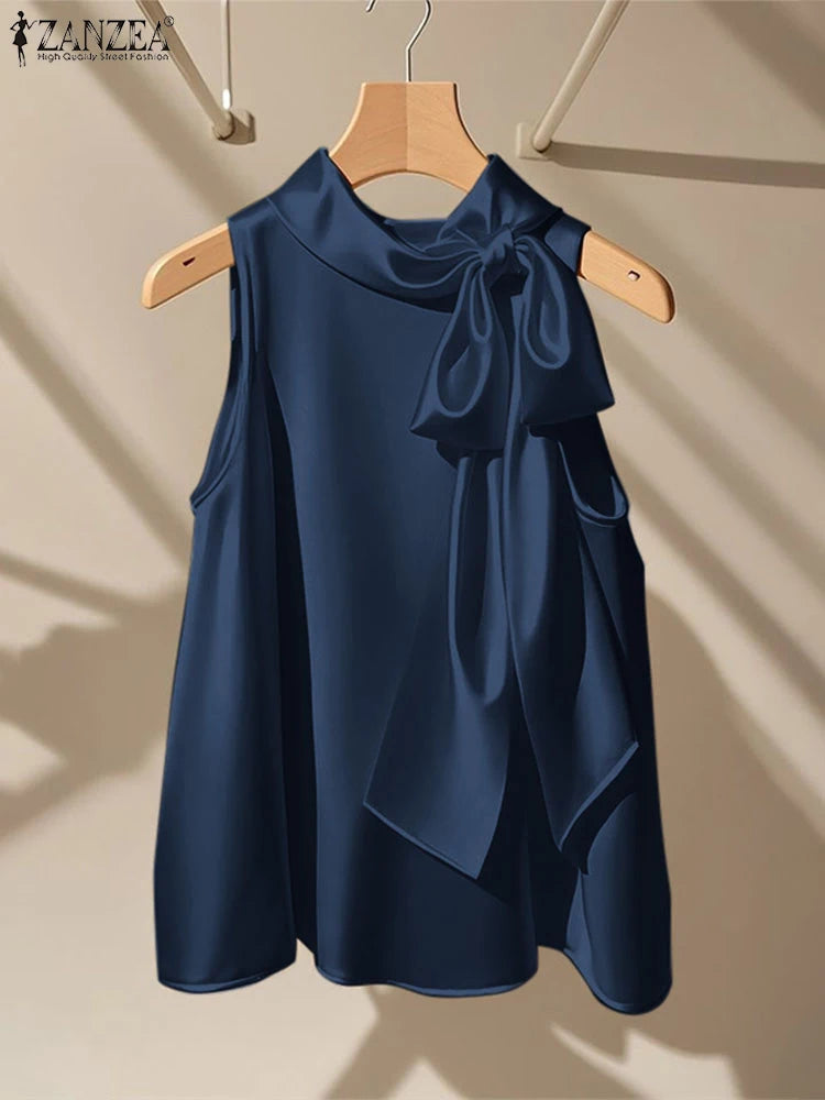 Elegant Bow Tie Blouse | Satin Sleeveless Solid Color Half High Collar Casual Fashion Shirt
