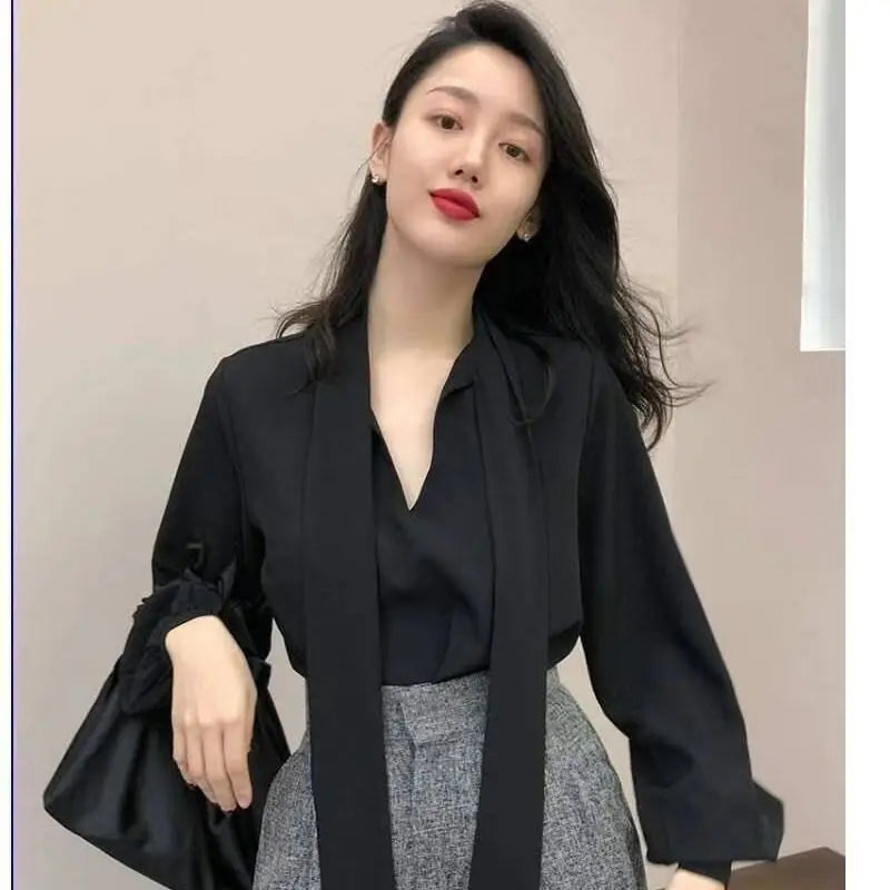 V-Neck Lace-Up Korean Office Blouse
