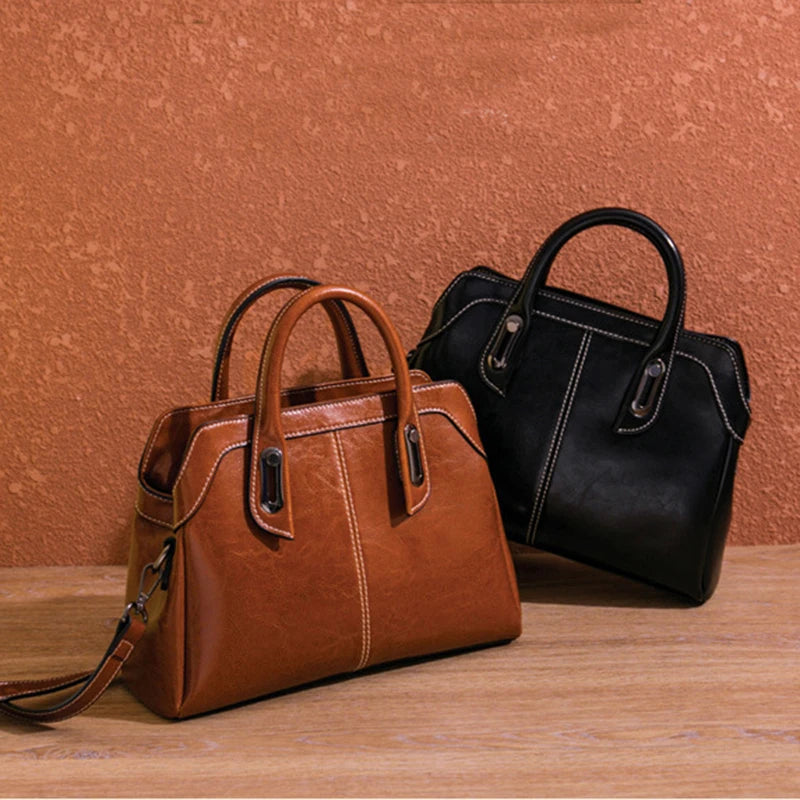 Oil Wax Cowhide Genuine Leather Shoulder Bag