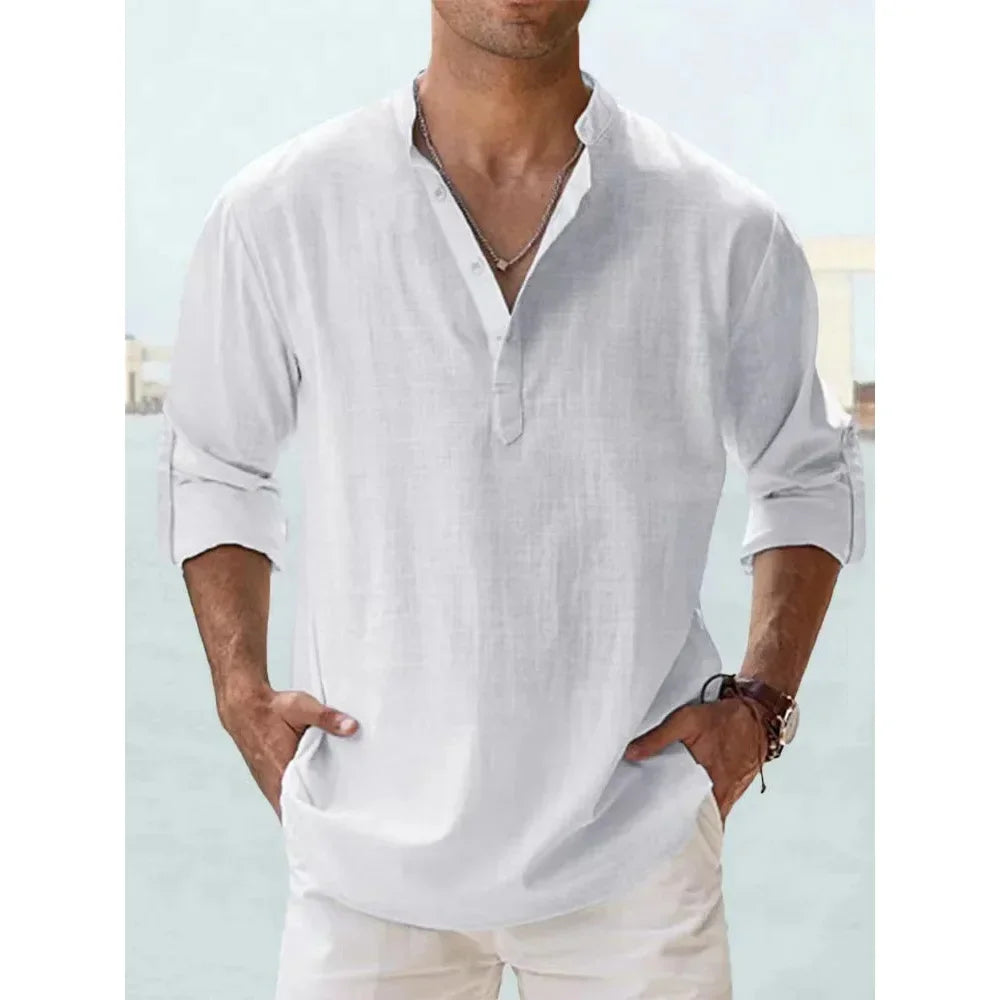 Men's Cotton Linen Short Sleeve Shirt | Solid Color Henley Casual Beach Hawaiian Vacation