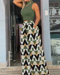 Women  Print Two-piece Set, Smooth Sleeveless T-shirt, Wide Leg Pants,