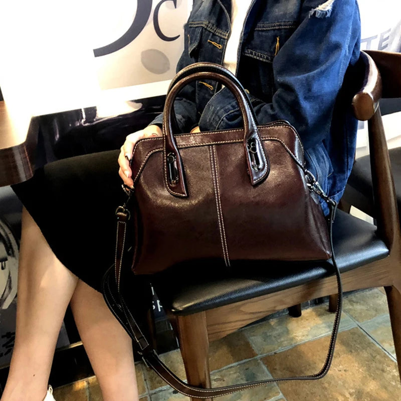 Genuine Leather Oil Wax Cowhide Tote & Messenger Bag