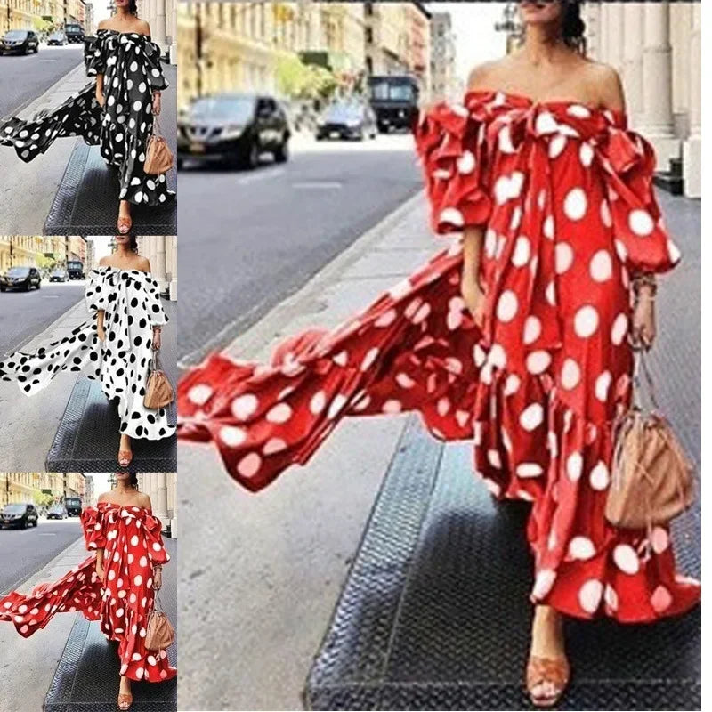 Women Off-the-shoulder Polka Dot Long Dress