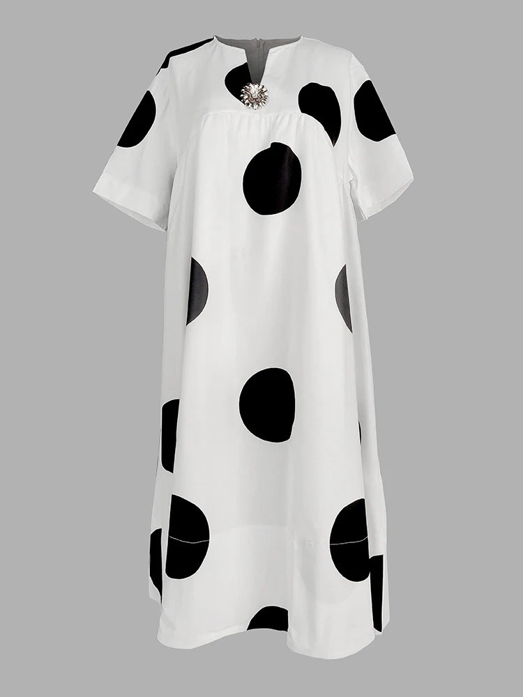 Women Midi Shirts Dress  Short Sleeves Black and White Polka Dot Daily Casual Simple Female A-line Dresses