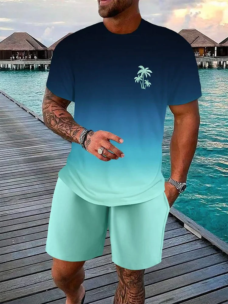Men's Gradient Print Short Sleeve & Shorts Summer Set