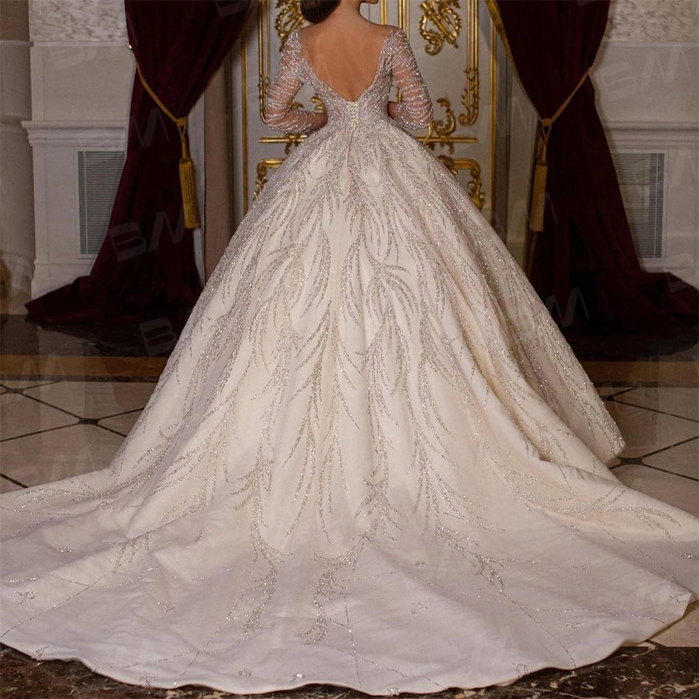 Hand Beaded Long Sleeve Ball Gown Wedding Dress | Chapel Train Bridal Gown