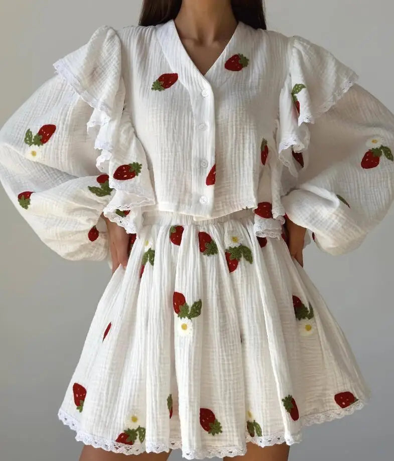 Ruffle Edge Long Sleeved Printed Shirt + Elastic Waist Short Skirt Set