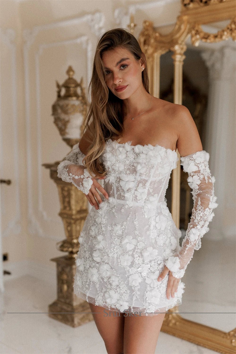 Detachable Long Sleeve Mini Wedding Dress | 3D Flower Lace Beaded Bridal Dress - Nitamoje