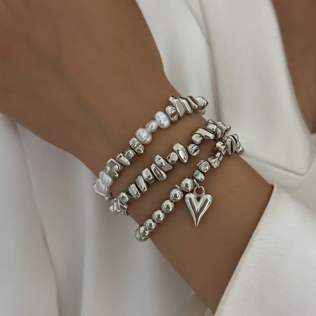 Retro Pearl Bead Bracelet | Multi-Layer Heart Pendant Elastic Bracelet for Women