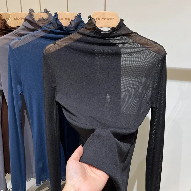 High-Neck Lace See-Through Long Sve Blouse