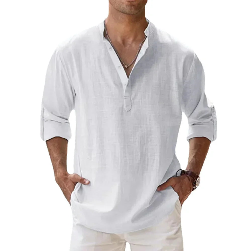 Men's Cotton Linen Short Sleeve Shirt | Solid Color Henley Casual Beach Hawaiian Vacation