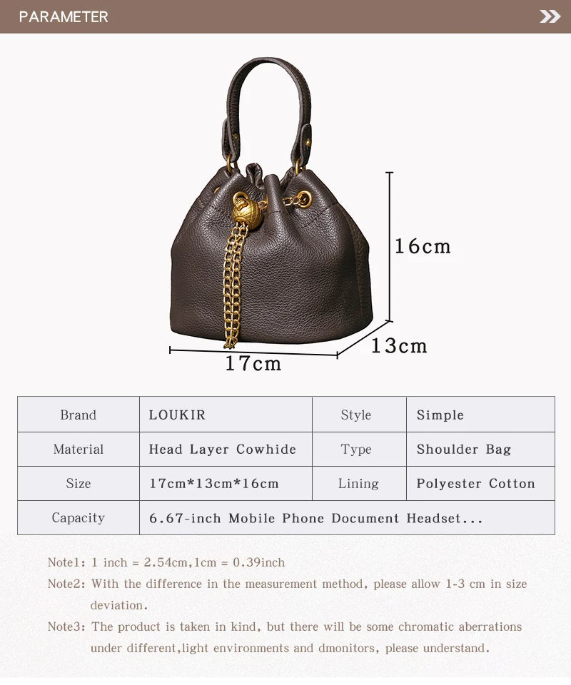 Metal Drawstring Genuine Leather Chain Bucket Bag