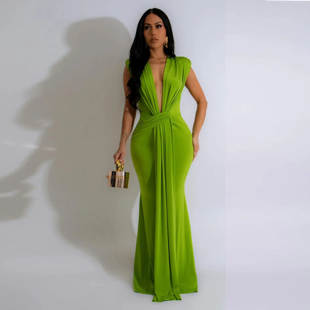 Dress Women Long Dresses Deep V Neck Sleeveless Solid flattering Fit Tight Waist elegant Elegant Splice Hip Wrap Temperament Vestidos