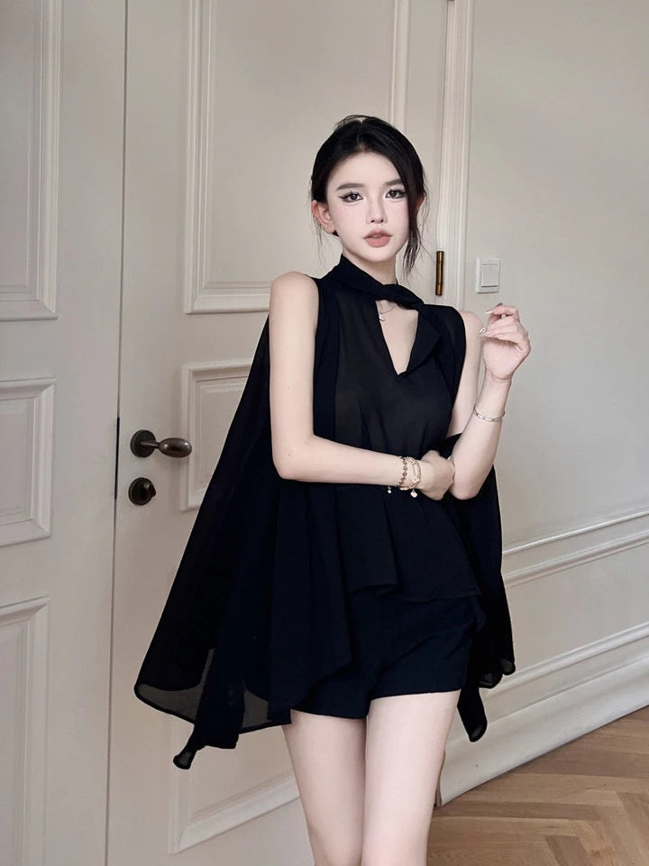 Black V-Neck Chiffon Blouse