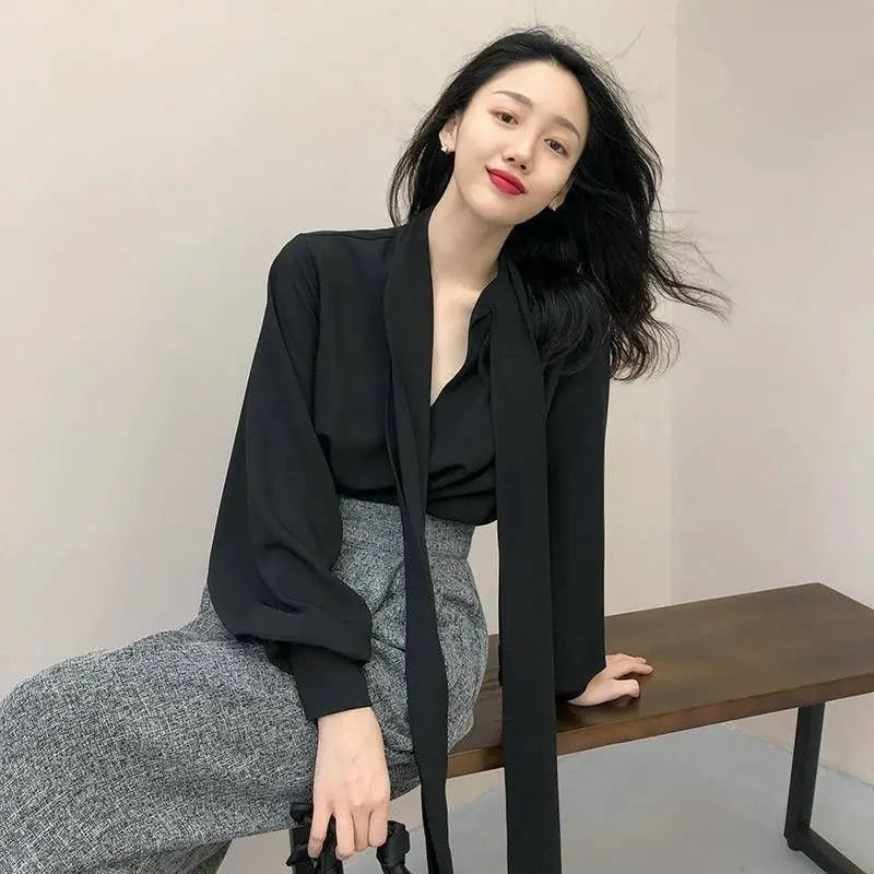 V-Neck Lace-Up Korean Office Blouse