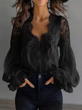 Women's Elegant V-neck Lace Splicing Lantern Sve Blouse