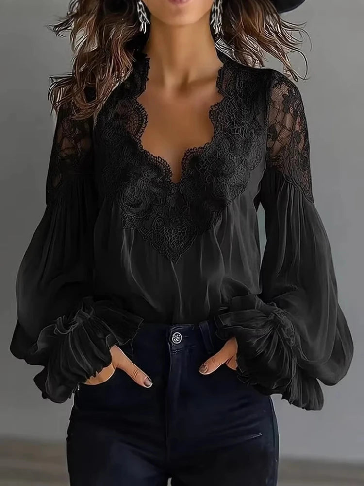 Women's Elegant V-neck Lace Splicing Lantern Sve Blouse