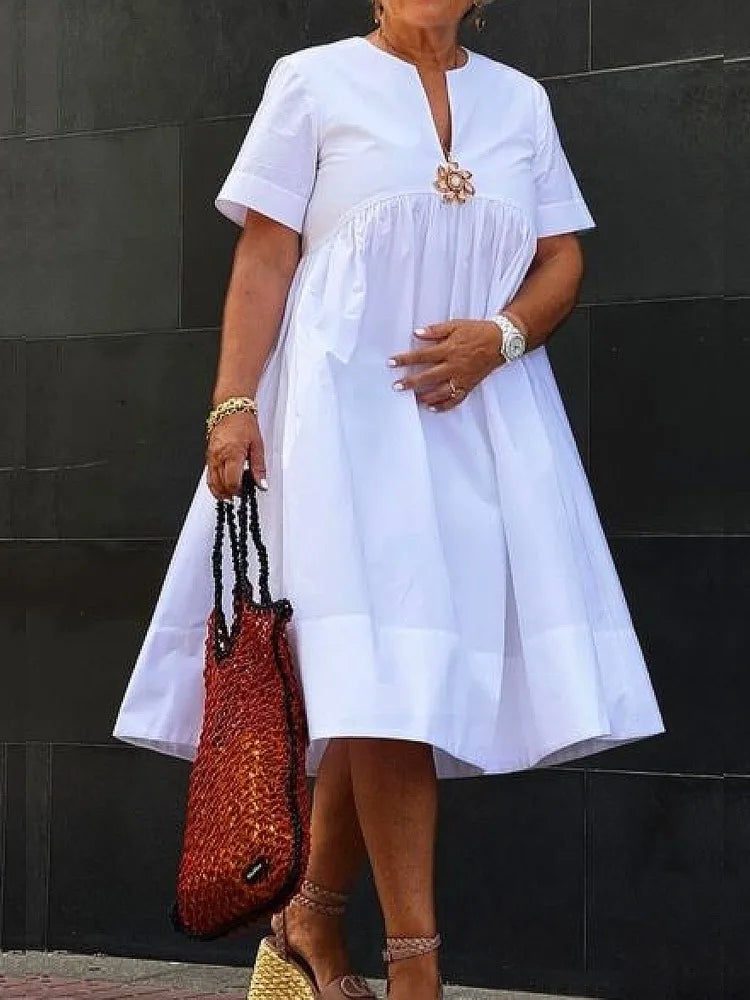 Women Midi Shirts Dress  Short Sleeves Black and White Polka Dot Daily Casual Simple Female A-line Dresses
