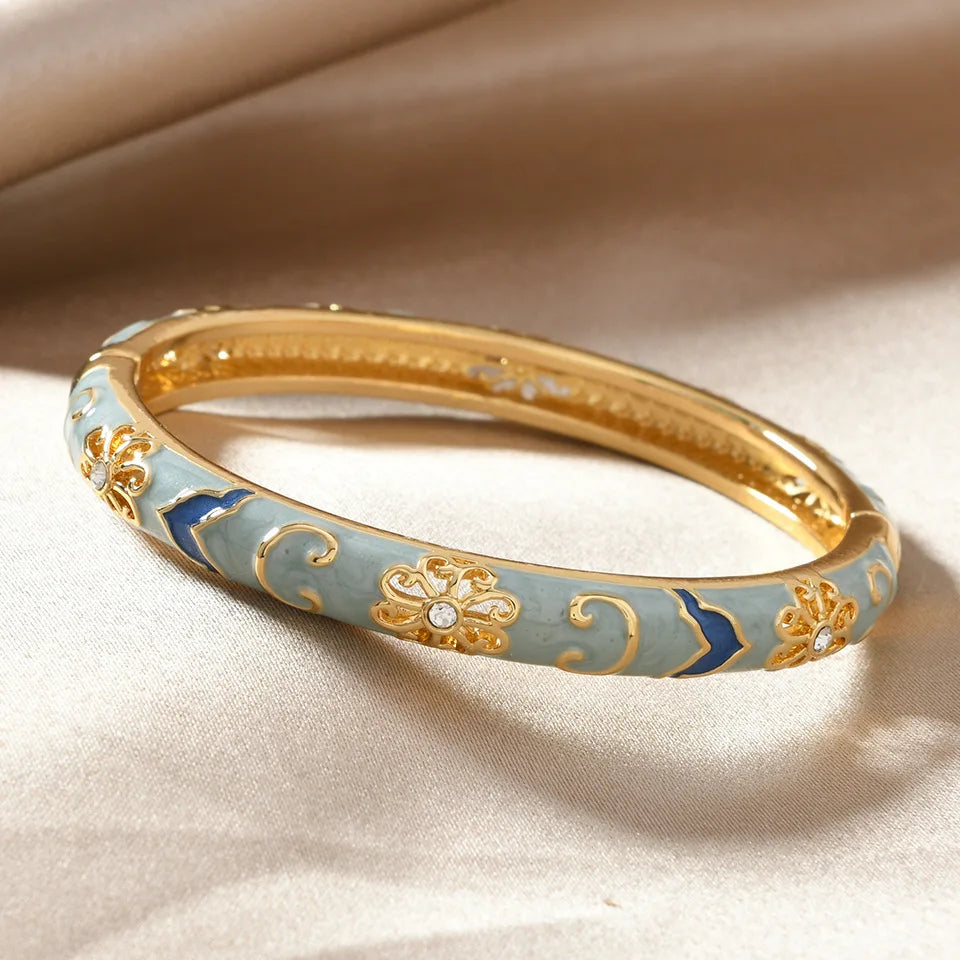 Ethnic Enamel Flower Cuff Bracelet | Gold Tone Stainless Steel Bangle for Women