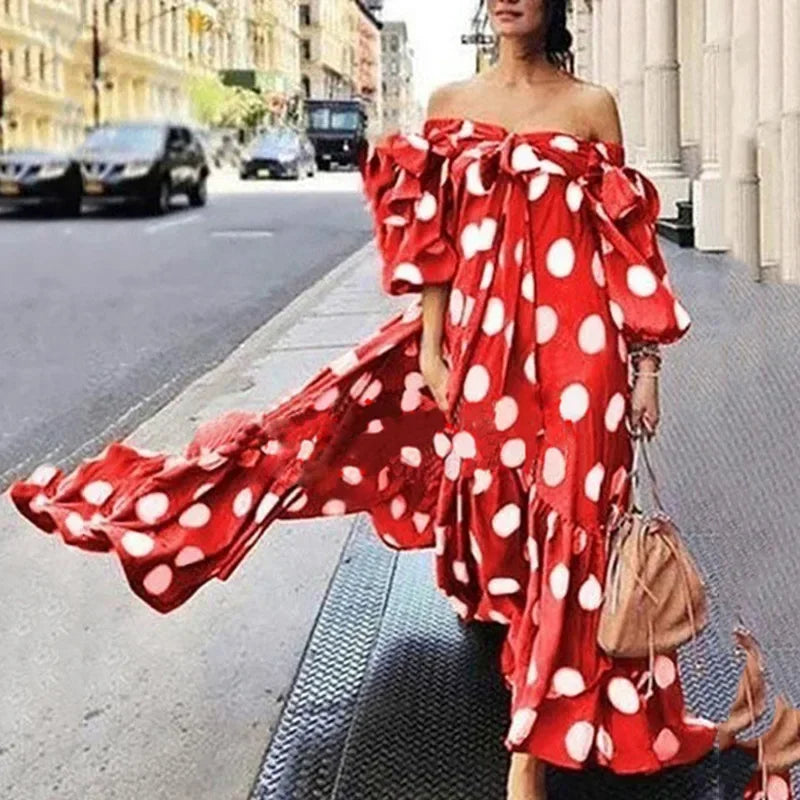 Women Off-the-shoulder Polka Dot Long Dress