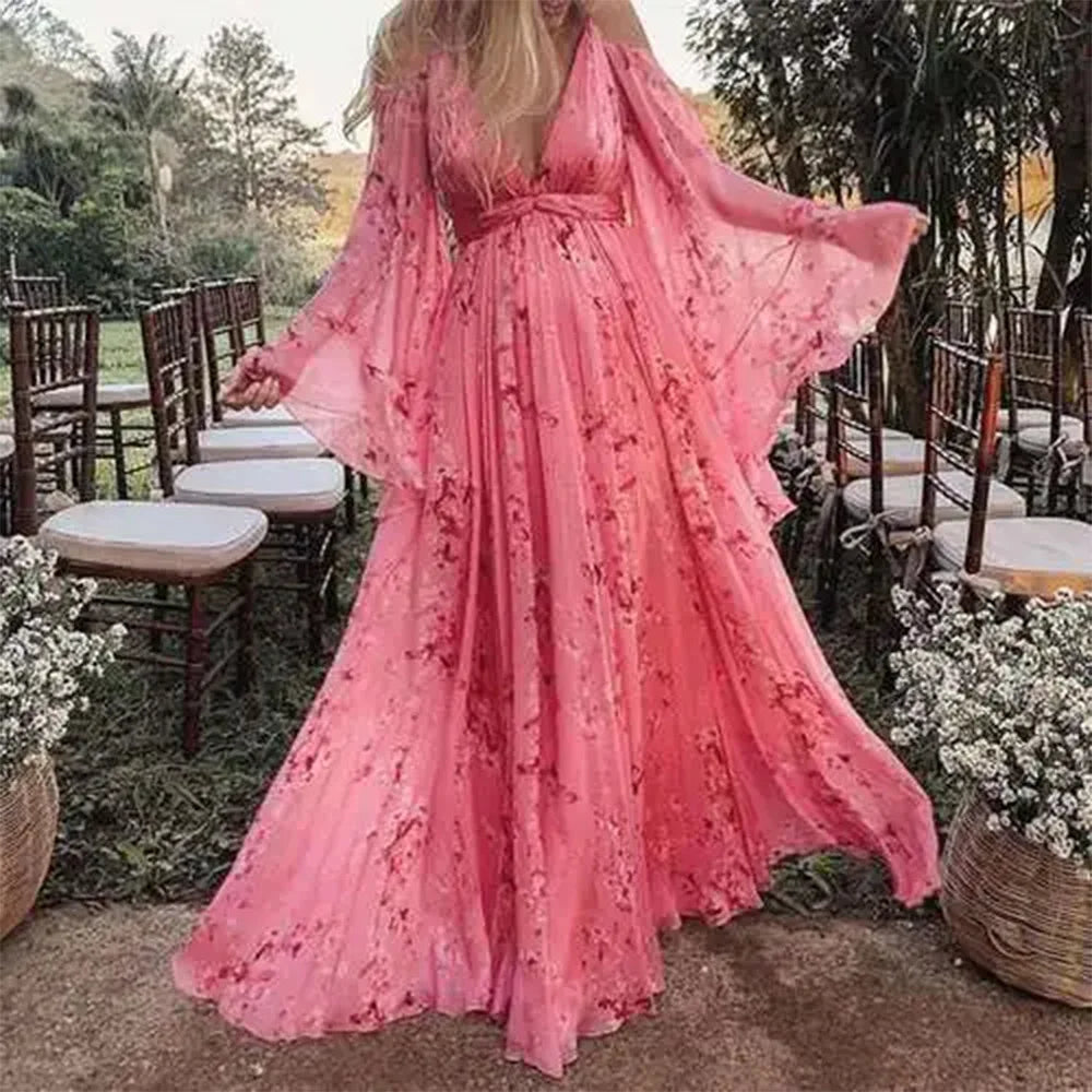 Elegant Long Sleeve Evening Gown | Gold Detail Side Slit flattering Fit Formal Dress