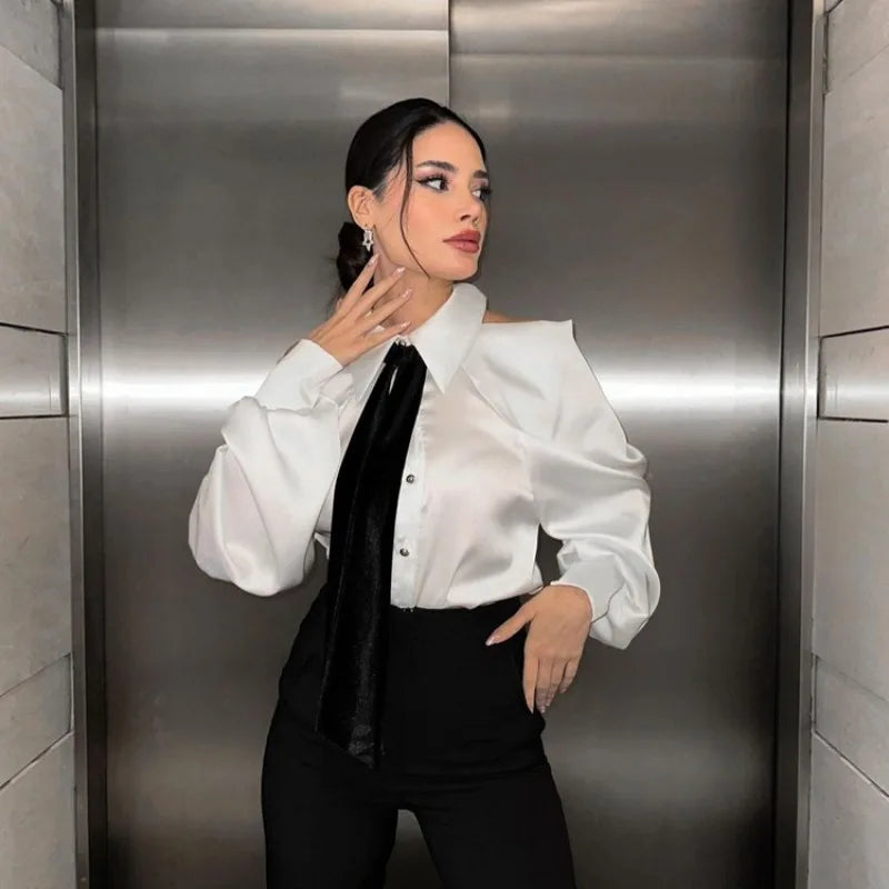Elegant Off Shoulder Blouse With Tie For Women Y2K Office Lady Long Lantern Sve Button Down Shirt Loose Top