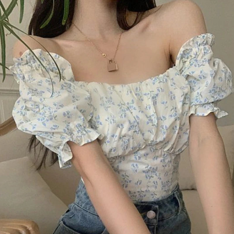 Floral Puff Sve Square Collar Crop Blouse